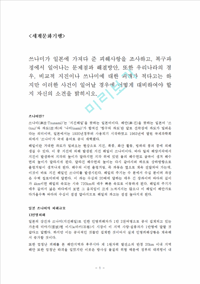 [사회과학] 세계문화기행 - 쓰나미가 일본에 가져다 준 피해사항을 조사, 복구과정의 문제점과 해결방안, 우리나라에서 일어날 경우 대비사항.hwp